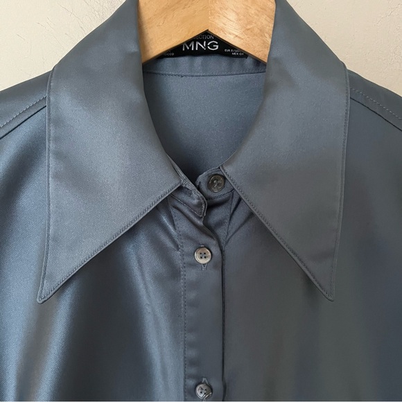 Mango Satin Ruched Shirt Dress – Slate Blue – Size Small - Picture 5 of 10